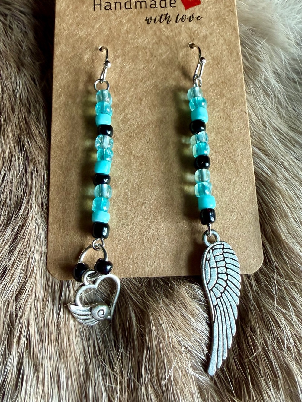 Handmade Turquoise Beaded Dangle Earrings with Silver Wing & Heart Charms